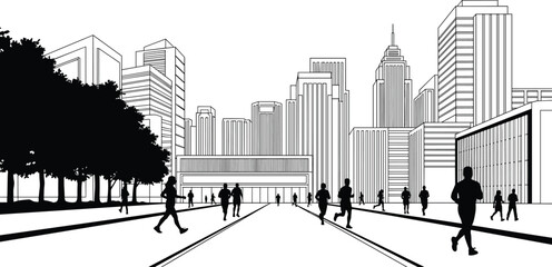 Obraz premium Urban city skyline with jogging people silhouettes, modern vector illustration, healthy lifestyle and fitness concept, black and white sketch.