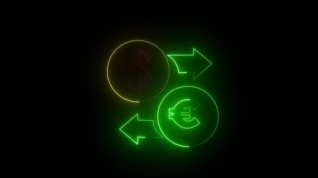 Glowing neon line Money exchange icon dollar and euro on black background .A neon business money exchange symbol .money transfer, forex trading, global finance, digital payment, and economic .4k