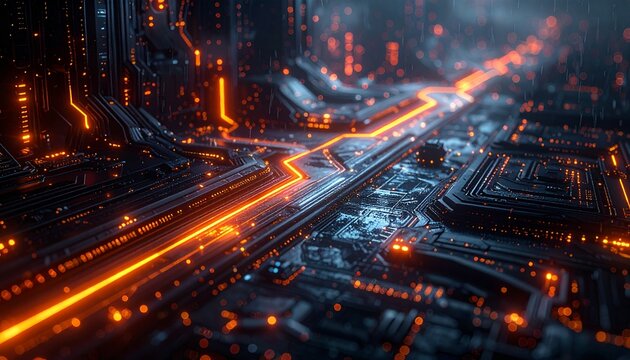 Futuristic Digital Circuit Board with Glowing Data Streams, Technology