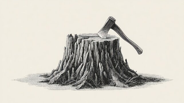 Black and white illustration of an axe stuck in a chopped-down tree stump