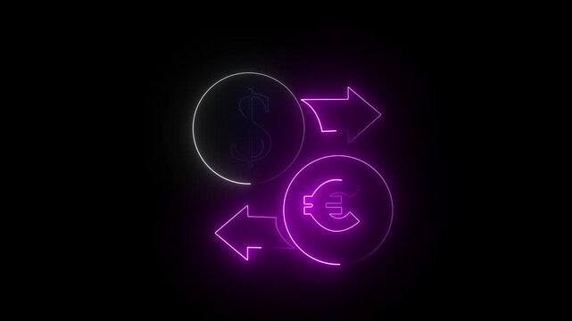 Glowing neon line Money exchange icon dollar and euro on black background .A neon business money exchange symbol .money transfer, forex trading, global finance, digital payment, and economic .4k