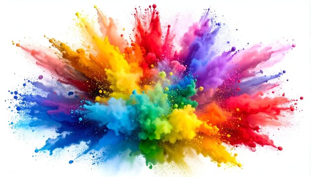 A vibrant explosion of colored powder radiates outward against a white backdrop