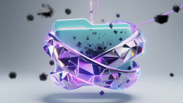 Abstract digital illustration of a corrupted data folder encircled by a glowing geometric structure, surrounded by dark virus-like particles.