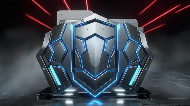 A futuristic metallic loot box with blue glowing accents in a dark, high-tech environment.