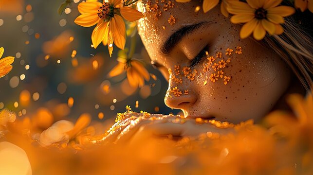 A close-up portrait of a young adult woman with her eyes closed, her face adorned with small orange flowers and petals. She is surrounded by a vibrant, blurred
