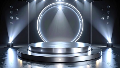 A stage illuminated with bright spotlights, creating a captivating and modern atmosphere. The circular design of the stage and the lighting adds to the sophisticated and futuristic feel of the scene