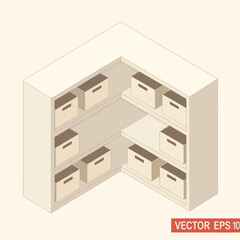 Isometric Corner Shelf with Storage Boxes Illustration.