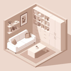 Isometric Living Room Interior Design with White Furniture and Neutral Tones.