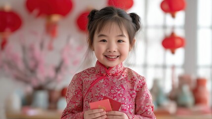 A joyful girl in traditional attire smiles, celebrating cultural heritage amidst vibrant decorations and festive atmosphere.