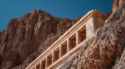 Temple Majesty: the architectural marvel carved into the cliff face, ancient Egyptian temple, illuminated by the sun, showcasing historical splendor against a backdrop of a clear, blue sky.