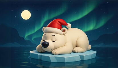 Christmas Polar Bear Wearing a Santa Hat sleeps on an Iceberg Under the Northern Lights
