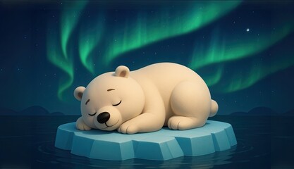 Polar Bear sleeps on an Iceberg Under the Northern Lights