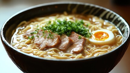 Delicious Ramen Noodles in Bowl on Table