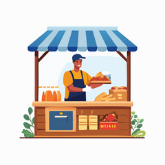 Obraz premium Friendly Baker At Market Stall With Fresh Bread.