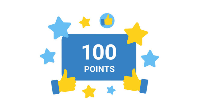 Illustration of 100 points reward with stars and thumbs up icons.