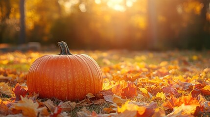 Autumn pumpkin in a park, fall foliage background, sunny day