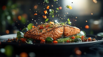Grilled salmon with spices and herbs, vibrant plating, food photography, for restaurant menu