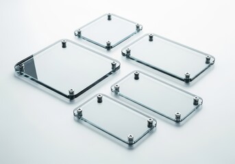 Four clear acrylic or glass display covers with metal standoffs arranged on a light gray surface for product presentation