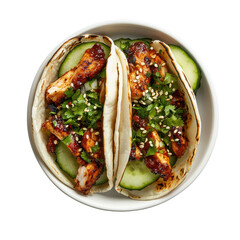 Delicious grilled chicken tacos with fresh cucumber, cilantro, and spicy sauce served in soft tortillas on transparent background