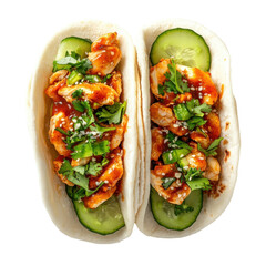 Delicious Chicken Tacos with Fresh Cucumbers and Cilantro in Soft Tortillas on transparent background