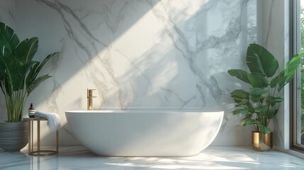 Fototapeta premium Modern marble bathroom with bathtub, tropical plants, and sunlight. Use for interior design inspiration