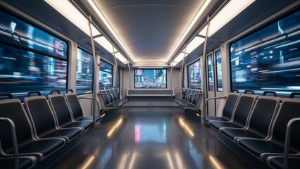 Fototapeta premium Empty subway carriage gliding through a vibrant city at night