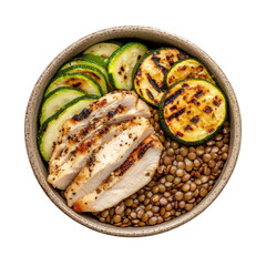 Grilled Chicken with Lentils and Zucchini - Healthy Meal Bowl with Fresh Ingredients on transparent background