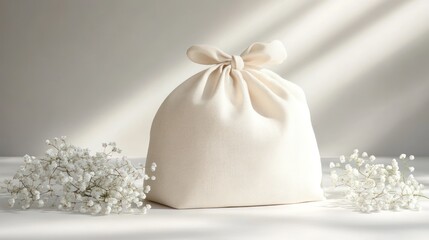 Cream-colored fabric pouch, gift bag, with white flowers, studio shot.  Possible use product photography, mockup