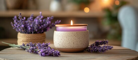Lavender candle on wooden table in cozy home