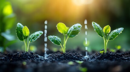 Sprouting seedlings being watered in fertile soil, nature's growth