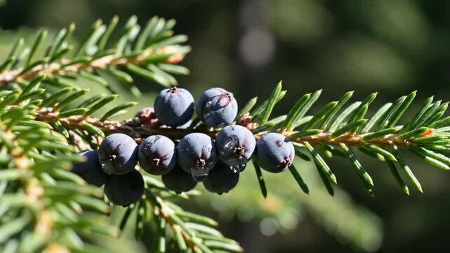 Ripe Blue Juniper Berries On Evergreen Branch Close Up Natural Forest Botanical Detail Wild Nature Macro Fresh