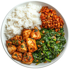 Flavorful Chicken, Spinach, and Lentils with Steamed Rice in a Vibrant Bowl Setting on transparent background