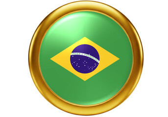 3D Brazil Flag Icon with Golden Frame Isolated on White Background