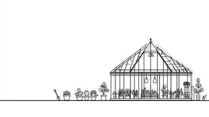 Architectural illustration of a greenhouse, showing plants in a minimalist black and white style