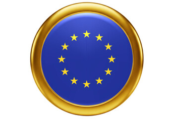 Premium Golden European Union Flag Button Icon - 3D EU Symbol with Gold Frame on White Background