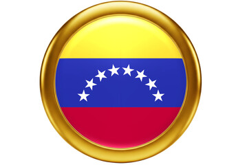 Glossy Golden Venezuela Flag Button Icon - National Emblem of South America, Isolated on White Background for Patriotic Design