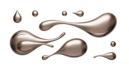 Series of gold-colored droplets, each with a unique shape and size. isolated illustration on  transparent background PNG