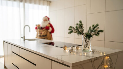 Christmas scene with Santa Claus and gift bag on white marble kitchen island, modern Scandinavian interior, pine branches and warm lights, winter holiday, concept of festive home