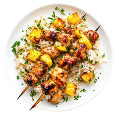 Delicious Chicken and Pineapple Skewers Served Over Fluffy Rice with Fresh Herbs on transparent background