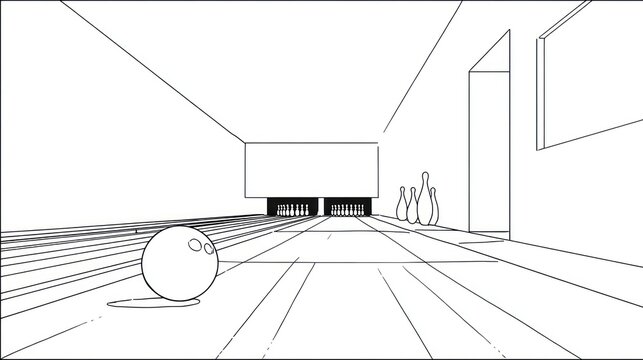 Line drawing of bowling lane, perspective view, ball rolling towards pins and a display