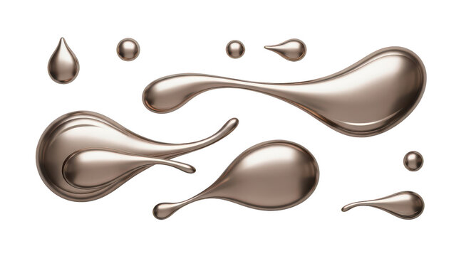 Series of gold-colored droplets, each with a unique shape and size. isolated illustration on  transparent background PNG