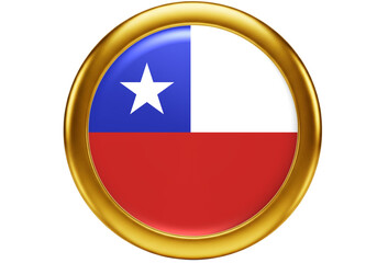 Glossy Chilean Flag Icon in Golden Circle Frame - Patriotic National Symbol Button on White Background