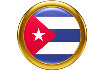 Shiny Cuban National Flag Emblem in Golden Circle - 3D Rendered Glossy Button Icon Isolated on White