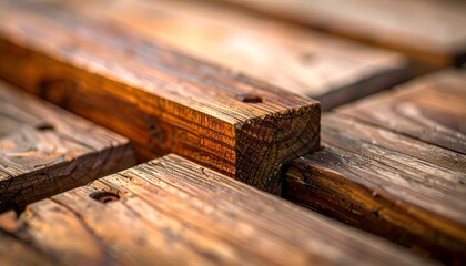 Close-up of weathered, varnished wooden planks and cross beams with visible grain