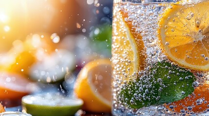 Close-up of a refreshing citrus drink with lemon and orange slices, bubbles, and ice. The image is bathed in sunlight, creating a bright and inviting atmosphere