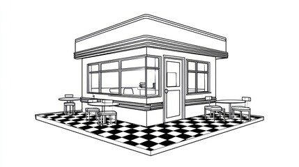 Black and white architectural illustration of a small retro diner with outdoor seating
