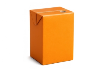 Blank orange carton box with straw hole, packaging mockup for juice, milk, or beverage, transparent background