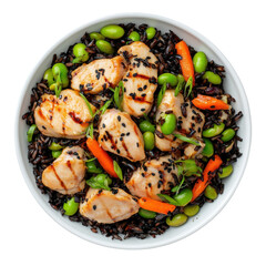 Grilled Chicken with Black Rice and Edamame in a Fresh Vegetable Medley on transparent background