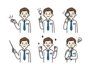 色々な表情・ポーズの、若い男性ビジネスマンの上半身ベクターイラスト素材セット＿カラー