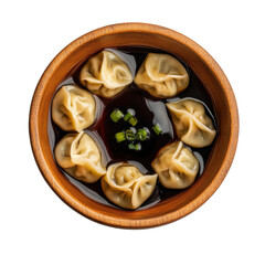 Delicious dumplings served in a wooden bowl with soy sauce and green onions, perfect for a savory meal or snack. on transparent background